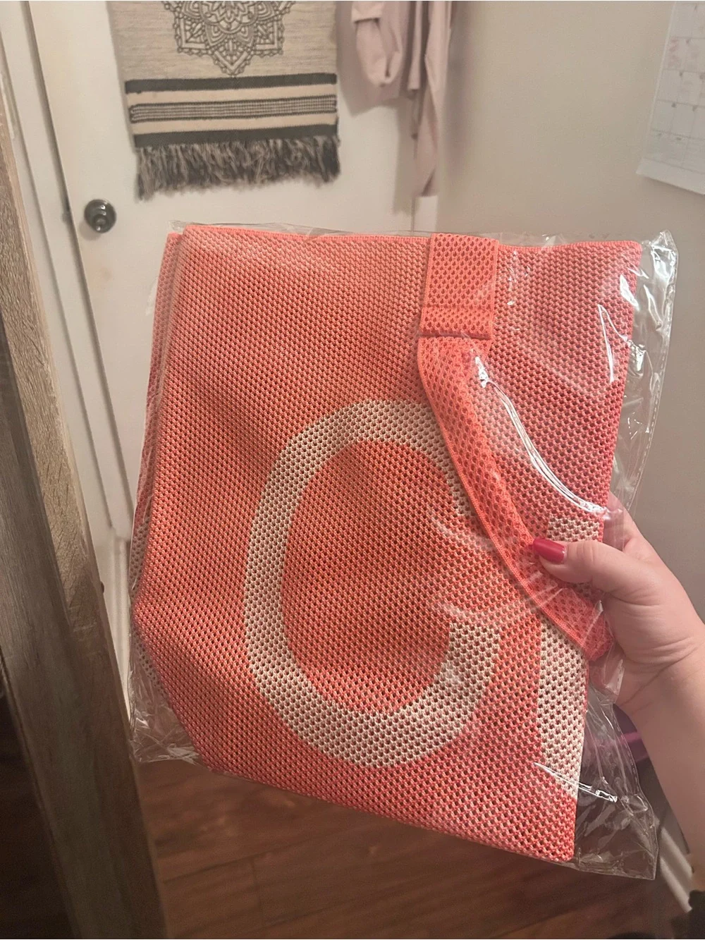 Coral Mesh Tote Bag with Contrast Lettering